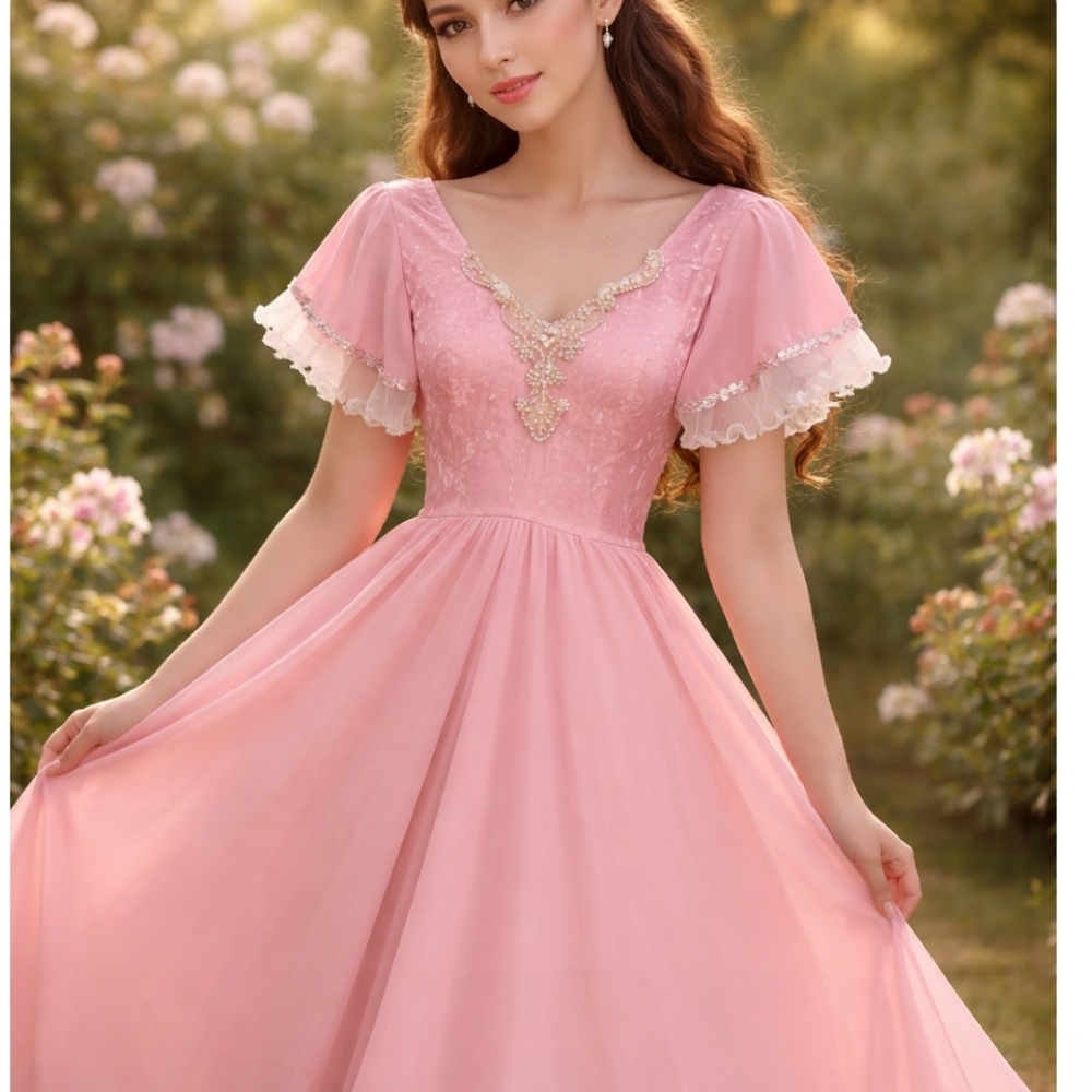 Vintage Pink Regency Faircore Flowy Midi Dress Dance Dress Handmade